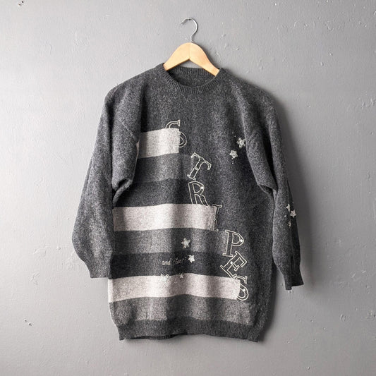 80s Stripes and Stars Novelty Sweater, Monochrome Wool Jumper, Size Large