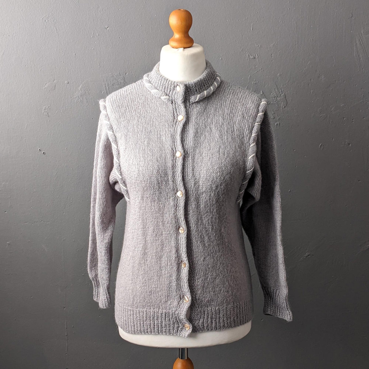 80s Soft Grey Cardigan, Vintage Handmade Knit, Size Small