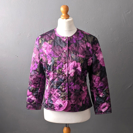 80s Purple Flowers Quilted Jacket, Collarless Padded Coat, Size Large