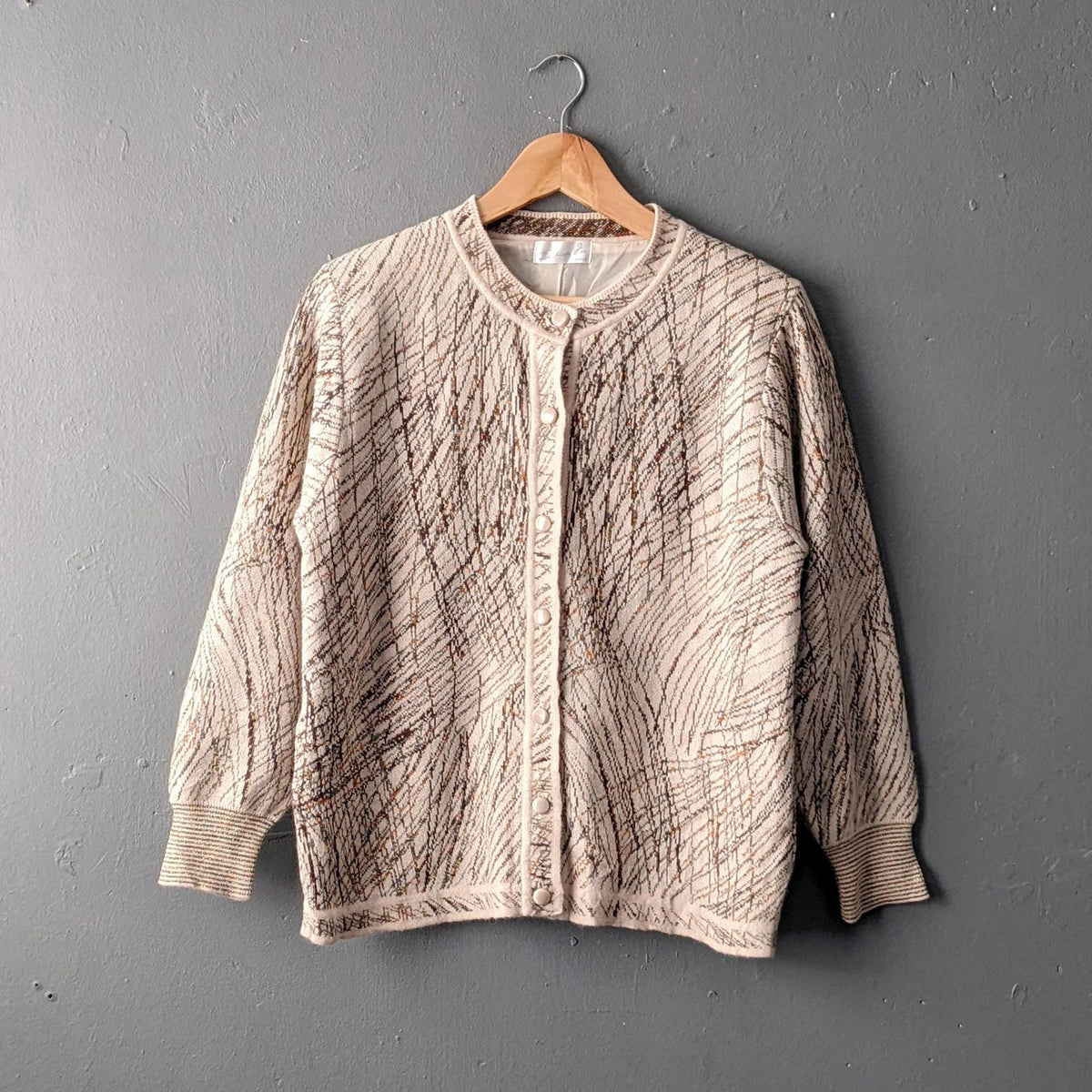 90s Wool Blend Knit Cardigan, Coatigan with Metallic Gold Scribbles, Size Large