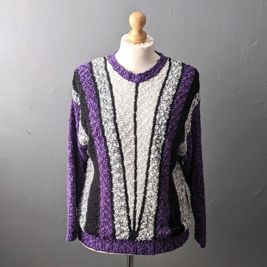 80s Bold Deco Knit Sweater, Geometric Boucle Jumper, Size Large