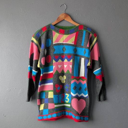 80s Geometric Novelty Sweater by Joye Fun, Colourful Abstract Shapes, Size Small