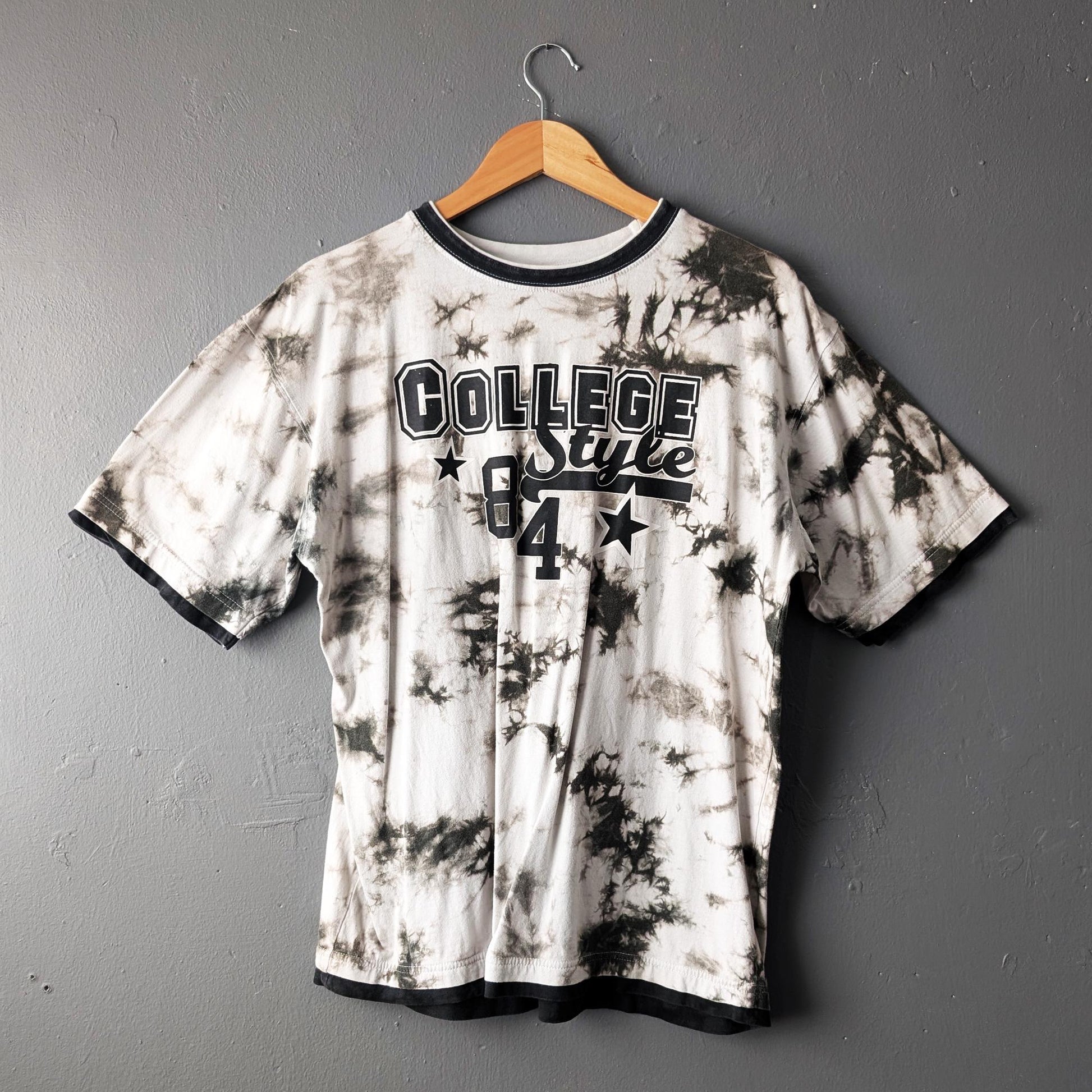 American College Style T Shirt with Marble Tie Dye, Size Large