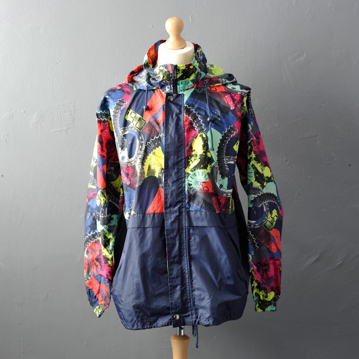 90s Waterproof Windbreaker, Lightweight Colourful Rain Coat with Hood, Size Large XL
