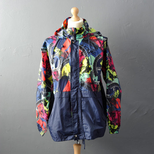 90s Waterproof Windbreaker, Lightweight Colourful Rain Coat with Hood, Size Large XL