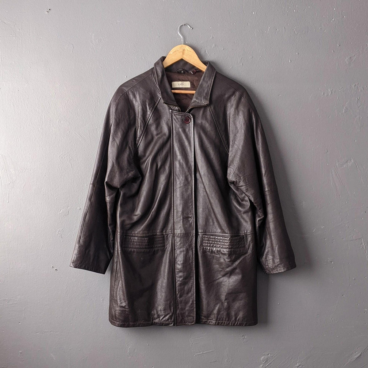 90s Oversized Leather Parka, Dark Brown Hip Long Coat, Size Medium Large