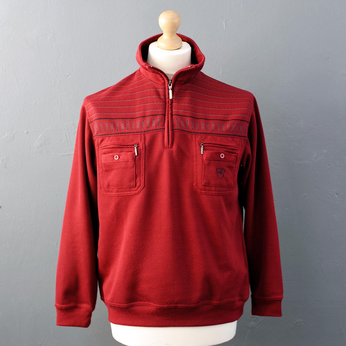 90s Burgundy Cotton Turtleneck Jumper with Zip Neck High Collar, Size M