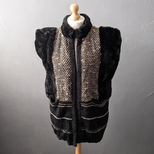 90s Faux Fur Cardigan Vest, Oversized Knit Gilet, Size Large