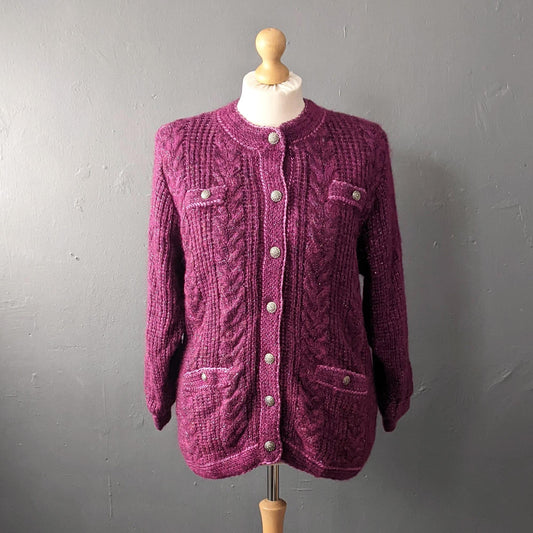 90s Magenta Cable Knit Cardigan, Oversized Chunky Coatigan, Size Medium Large