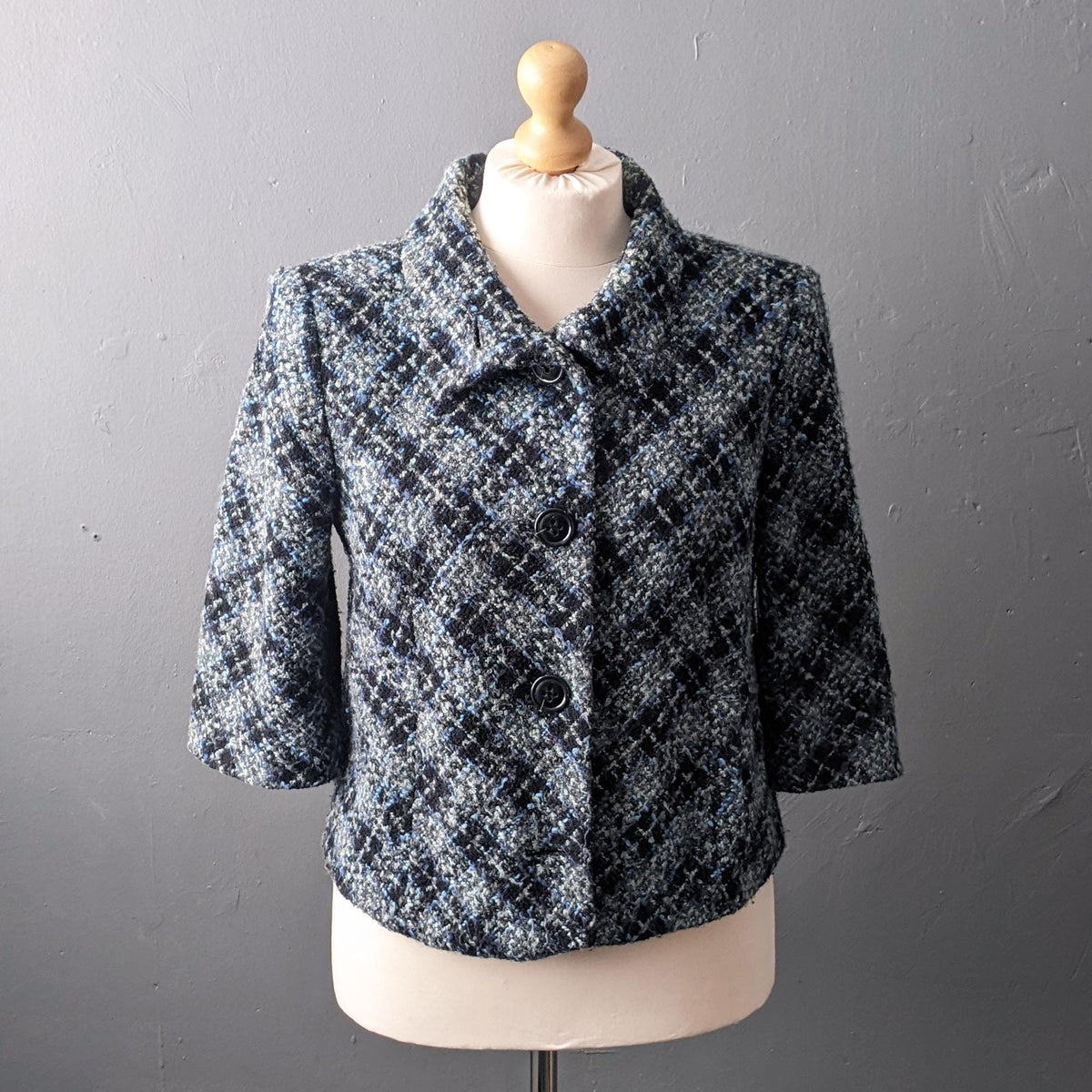 Y2K Check Boucle Wool Jacket, Short Bracelet Sleeve Coat, XL Plus Size