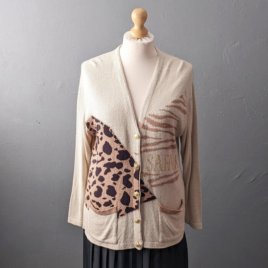 90s Silk Cardigan, Lightweight Summer Knit, Leopard Print Safari, Plus Size XXL
