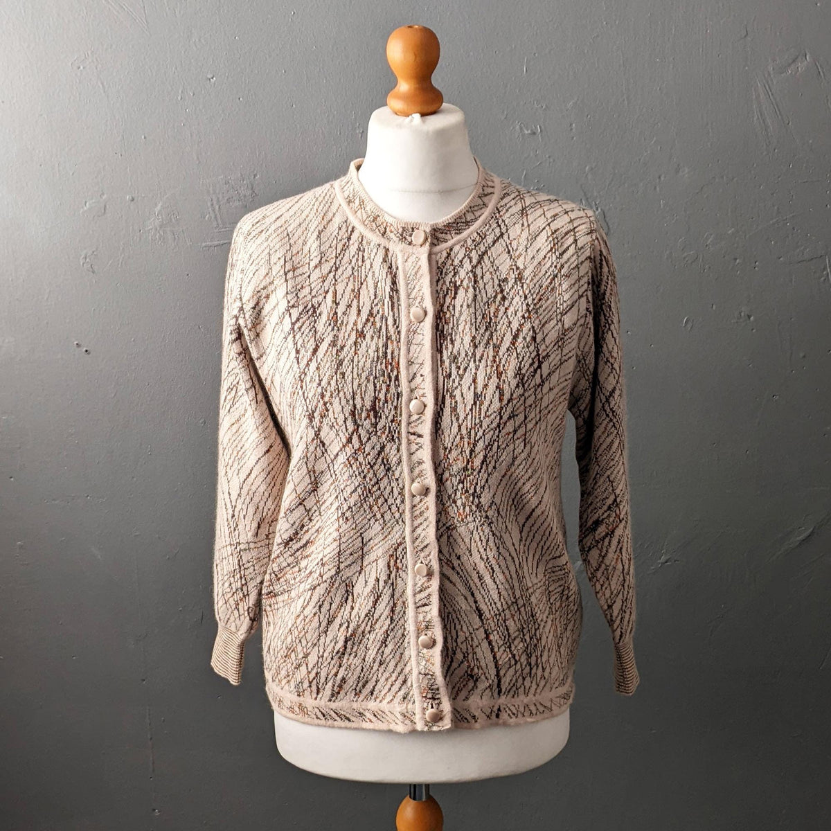 90s Wool Blend Knit Cardigan, Coatigan with Metallic Gold Scribbles, Size Large