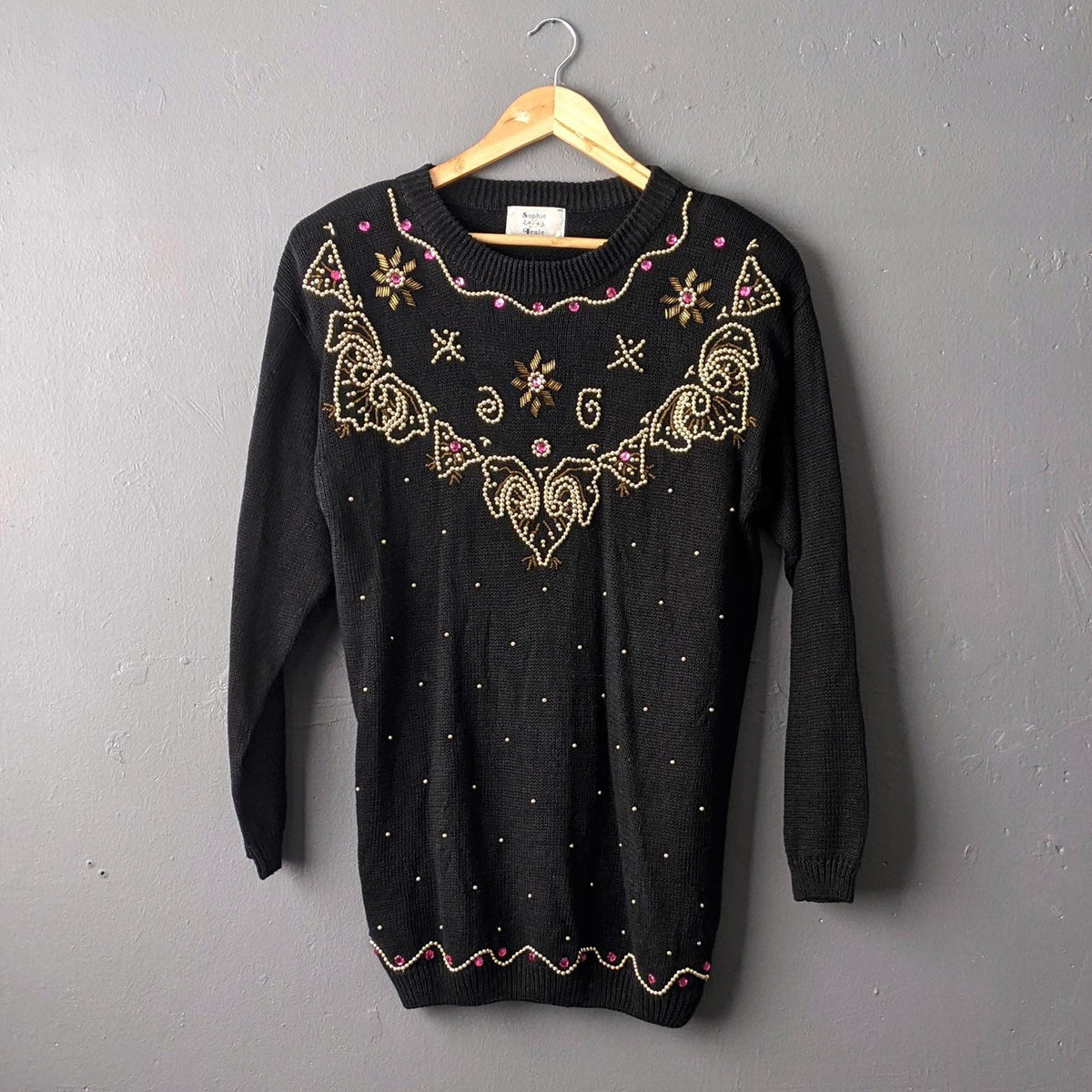 80s Embellished Gem Sweater by Sophie Teale, Kitsch Party Jumper, Size Medium Large