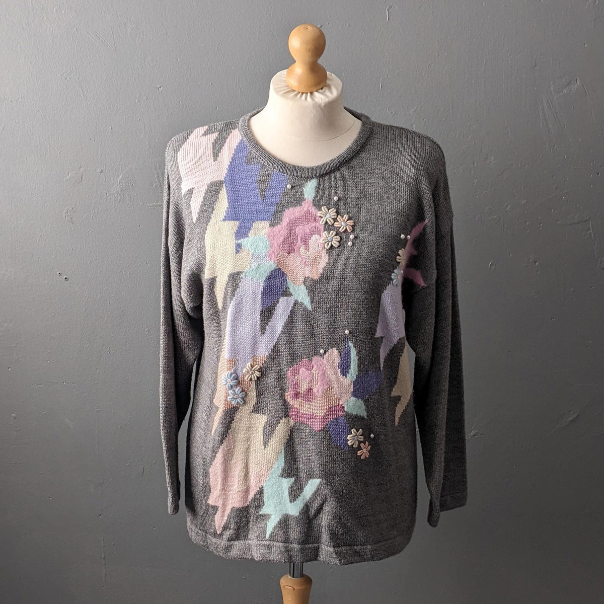 90s Sweater with Angora, Abstract Floral Houndstooth Jumper, Size Large XL