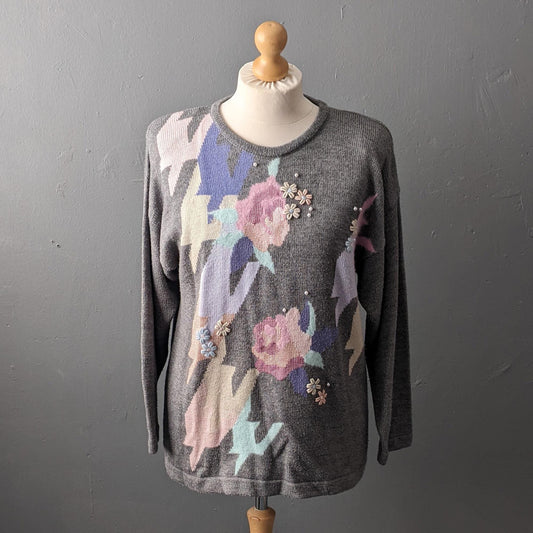 90s Sweater with Angora, Abstract Floral Houndstooth Jumper, Size Large XL