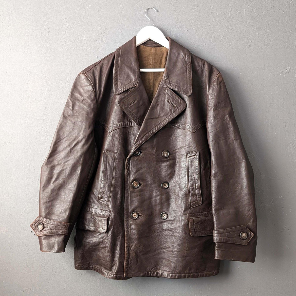 1970s Mens Leather Jacket, Vintage Double Breasted Overcoat, 48 Chest Size XL