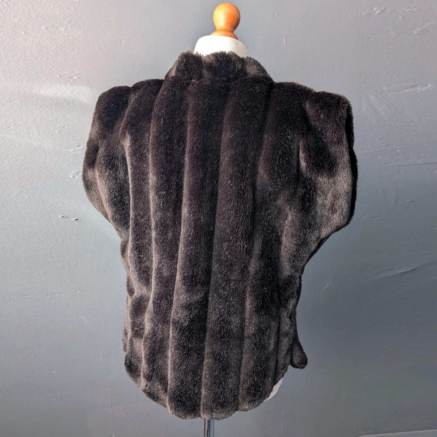 80s Dark Brown Faux Fur Gilet, Ribbed Sleeveless Jacket, Size Medium Large