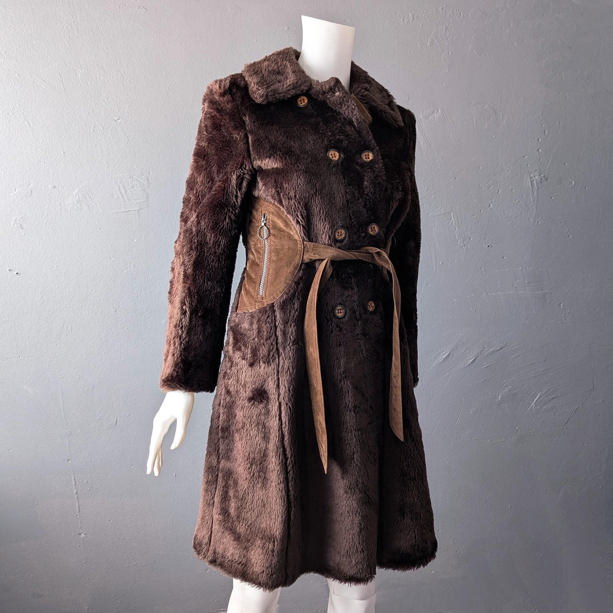 90s Faux Fur Coat, Double Breasted Vegan Winter Jacket, Size Small