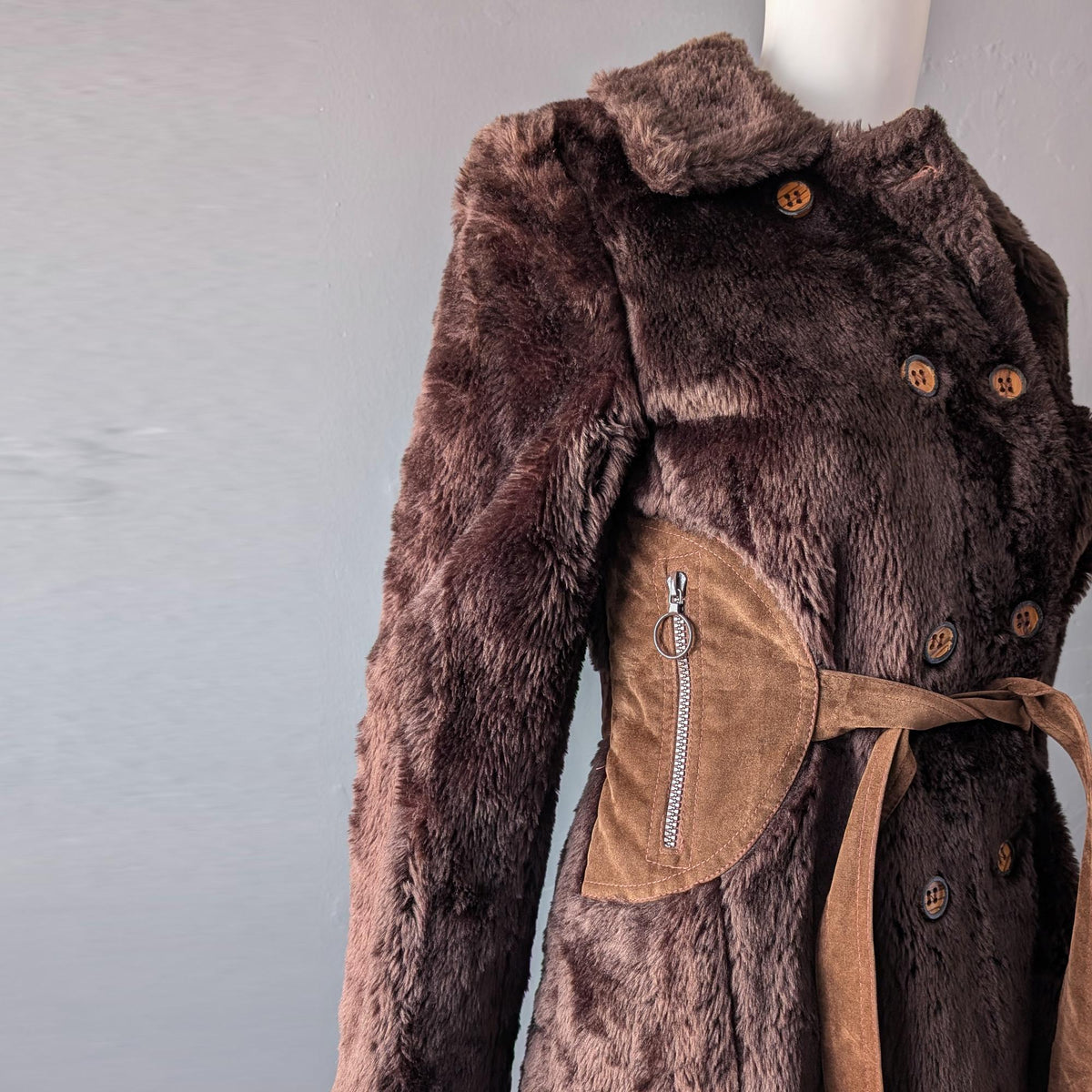 90s Faux Fur Coat, Double Breasted Vegan Winter Jacket, Size Small