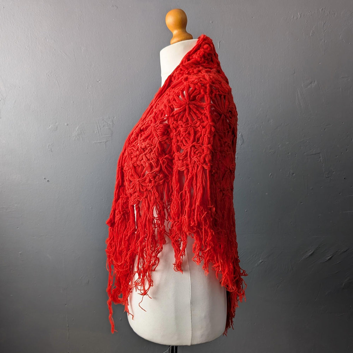 70s Bright Red Crochet Shawl, Vibrant Colour Shoulder Wrap