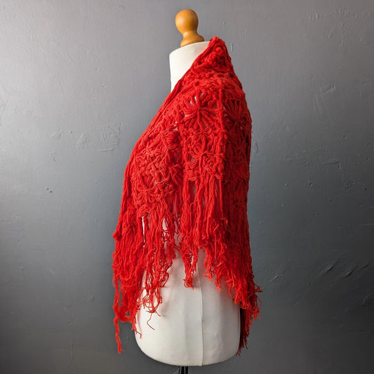 70s Bright Red Crochet Shawl, Vibrant Colour Shoulder Wrap