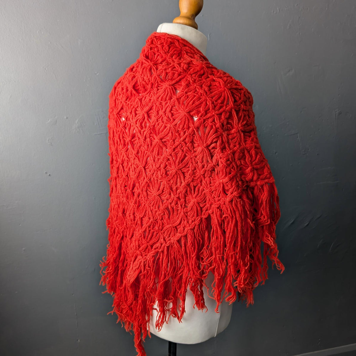 70s Bright Red Crochet Shawl, Vibrant Colour Shoulder Wrap
