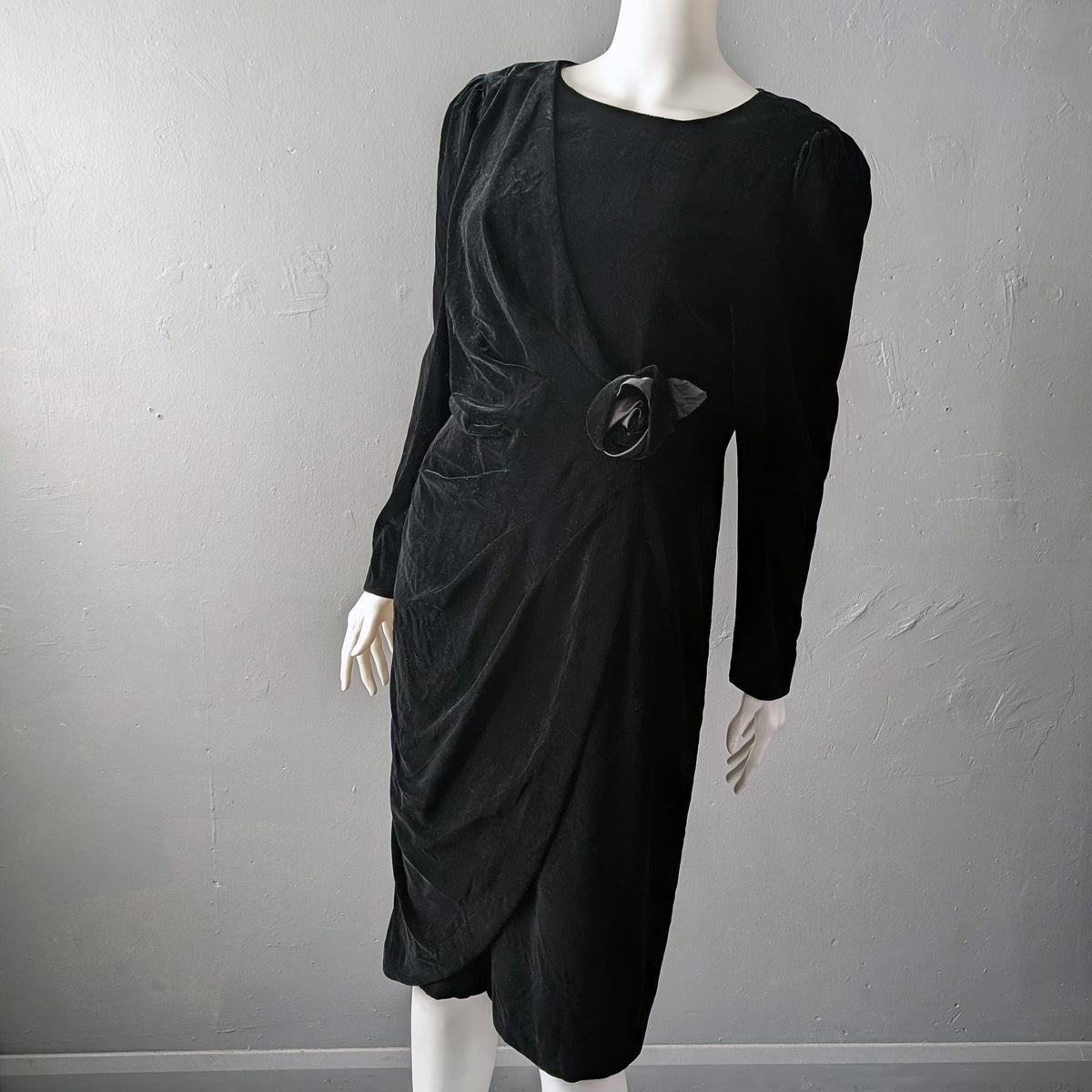 80s Black Velvet Wrap Dress, Size Medium