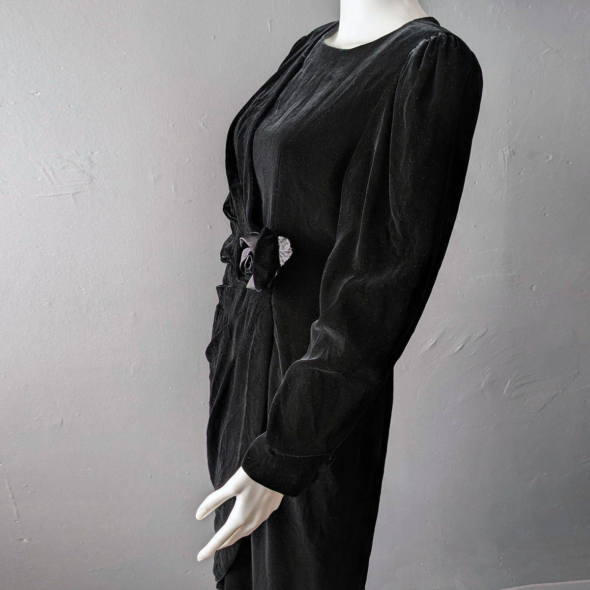 80s Black Velvet Wrap Dress, Size Medium