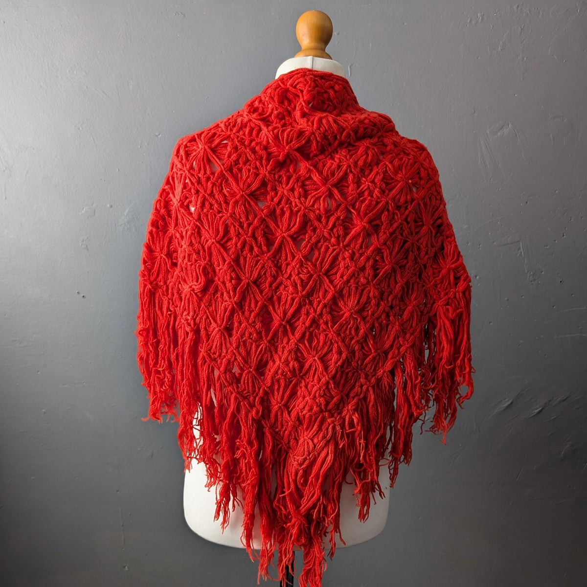 70s Bright Red Crochet Shawl, Vibrant Colour Shoulder Wrap