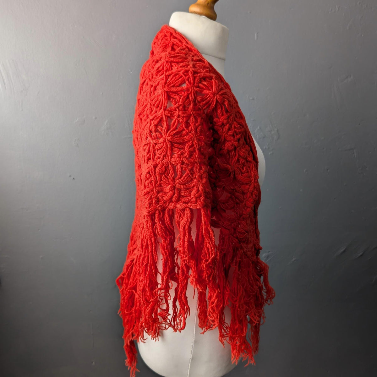 70s Bright Red Crochet Shawl, Vibrant Colour Shoulder Wrap