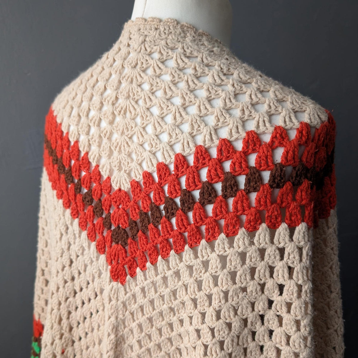 70s Striped Crochet Shawl, Retro Shoulder Wrap