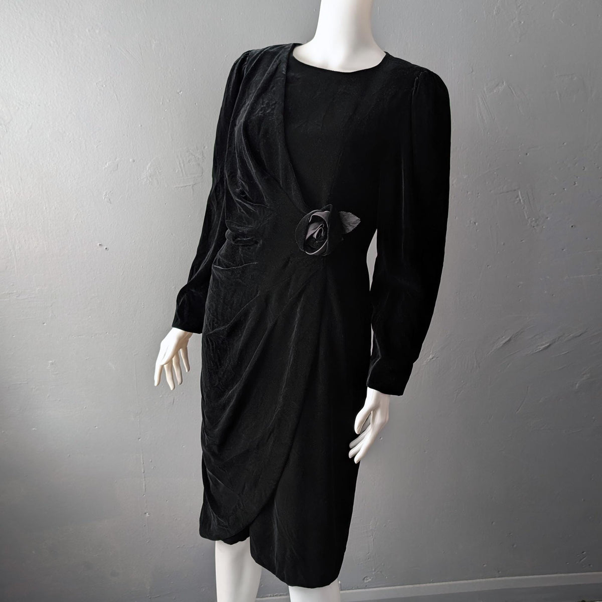 80s Black Velvet Wrap Dress, Size Medium