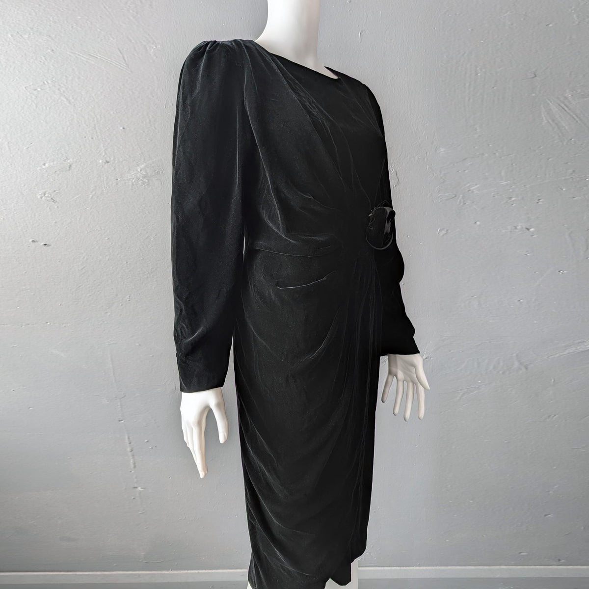 80s Black Velvet Wrap Dress, Size Medium