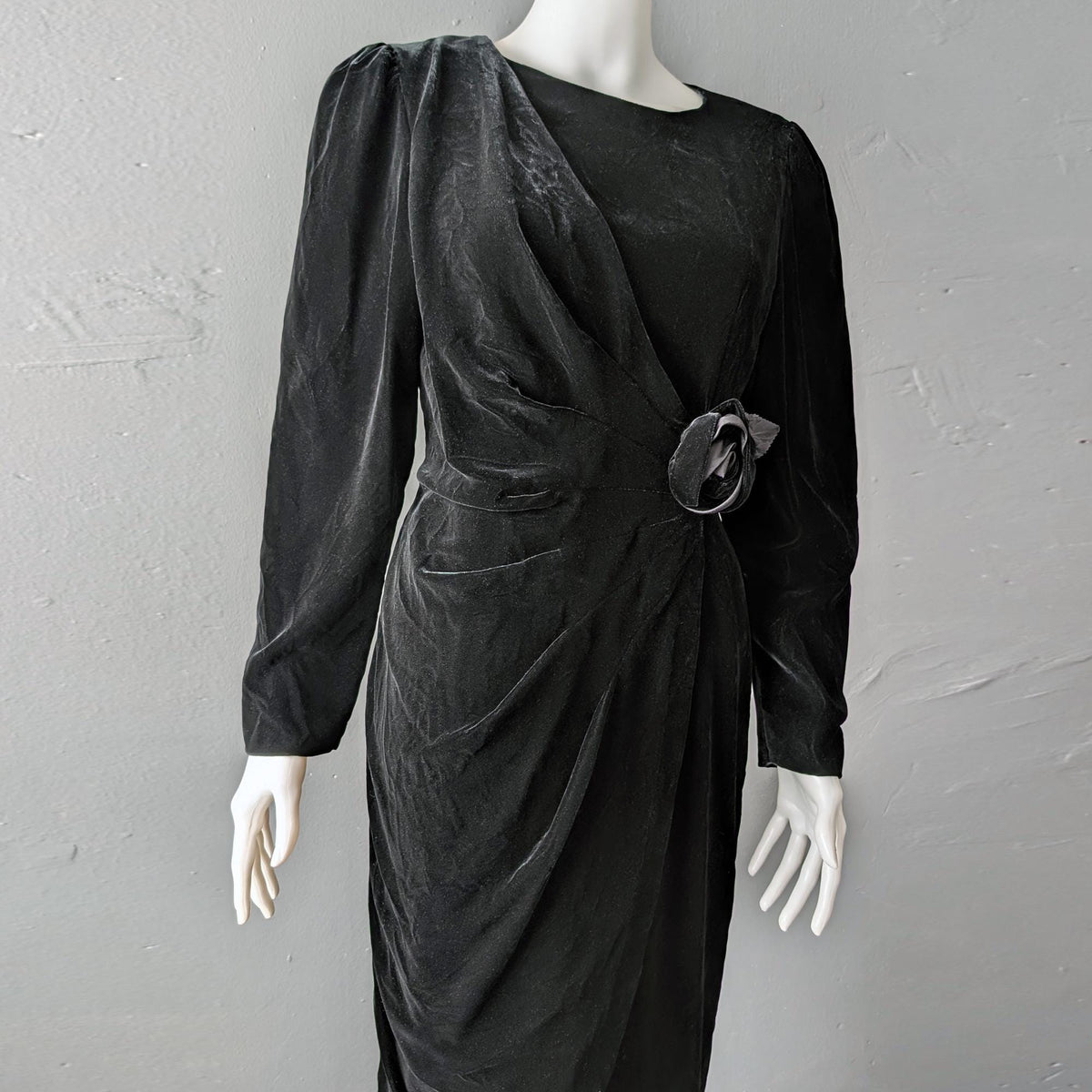 80s Black Velvet Wrap Dress, Size Medium
