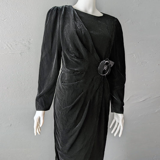 80s Black Velvet Wrap Dress, Size Medium