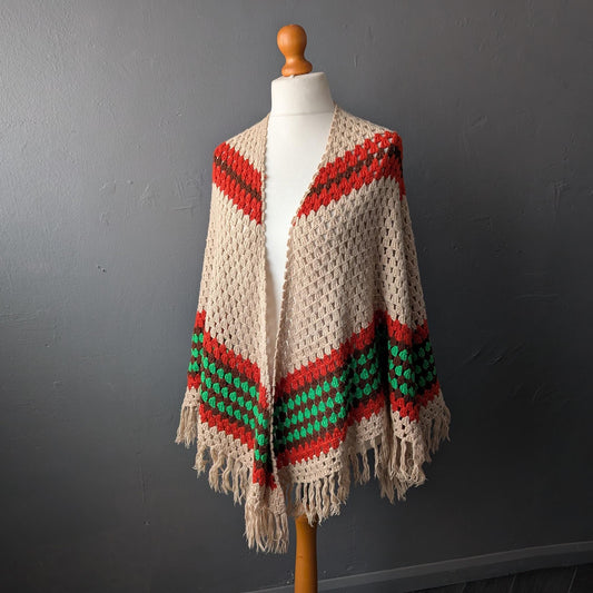 70s Striped Crochet Shawl, Retro Shoulder Wrap