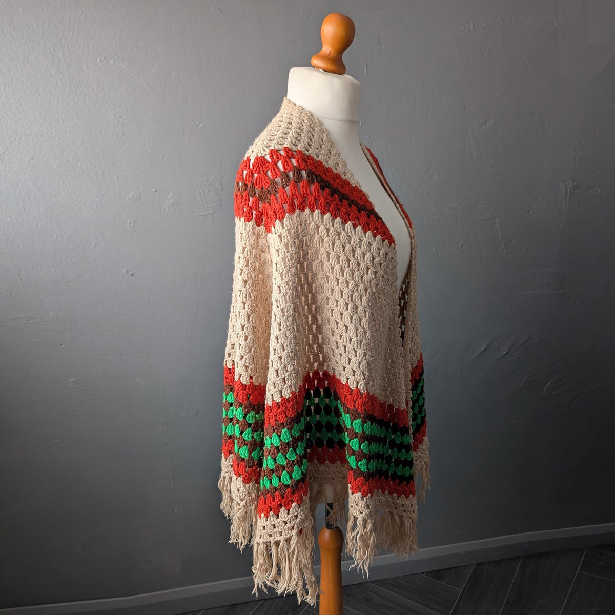 70s Striped Crochet Shawl, Retro Shoulder Wrap