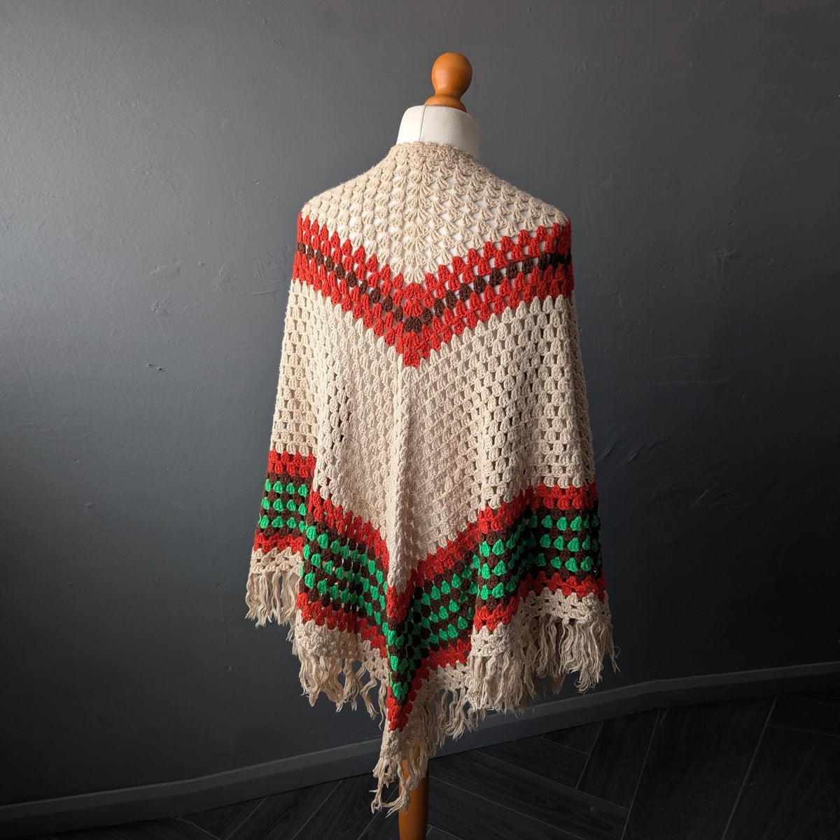 70s Striped Crochet Shawl, Retro Shoulder Wrap