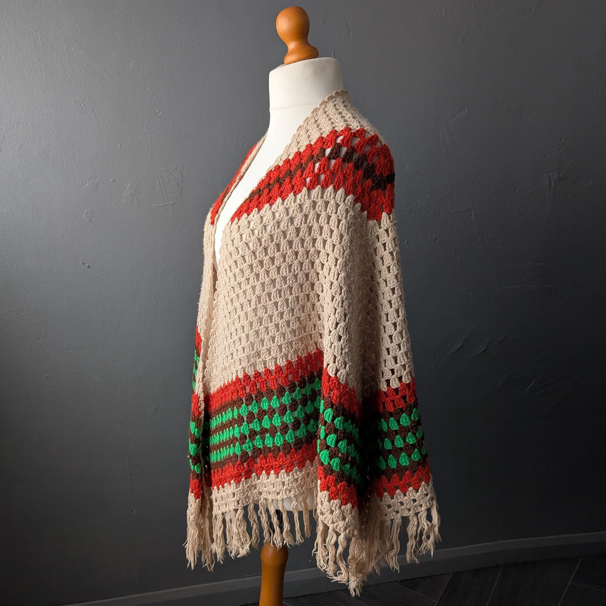 70s Striped Crochet Shawl, Retro Shoulder Wrap