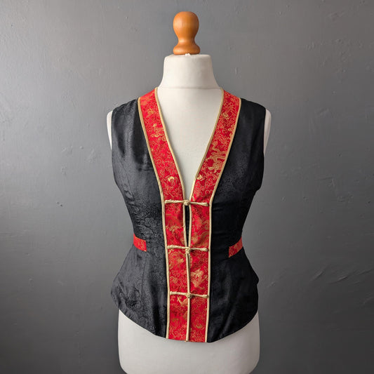 90s Oriental Silk Waistcoat, Chinese Style Tailored Vest, Size Medium