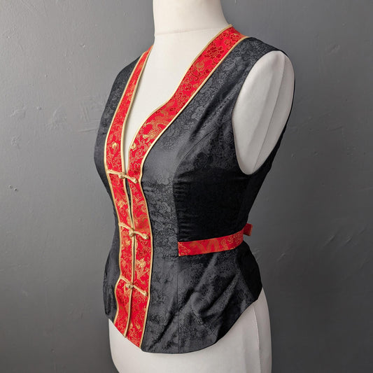 90s Oriental Silk Waistcoat, Chinese Style Tailored Vest, Size Medium