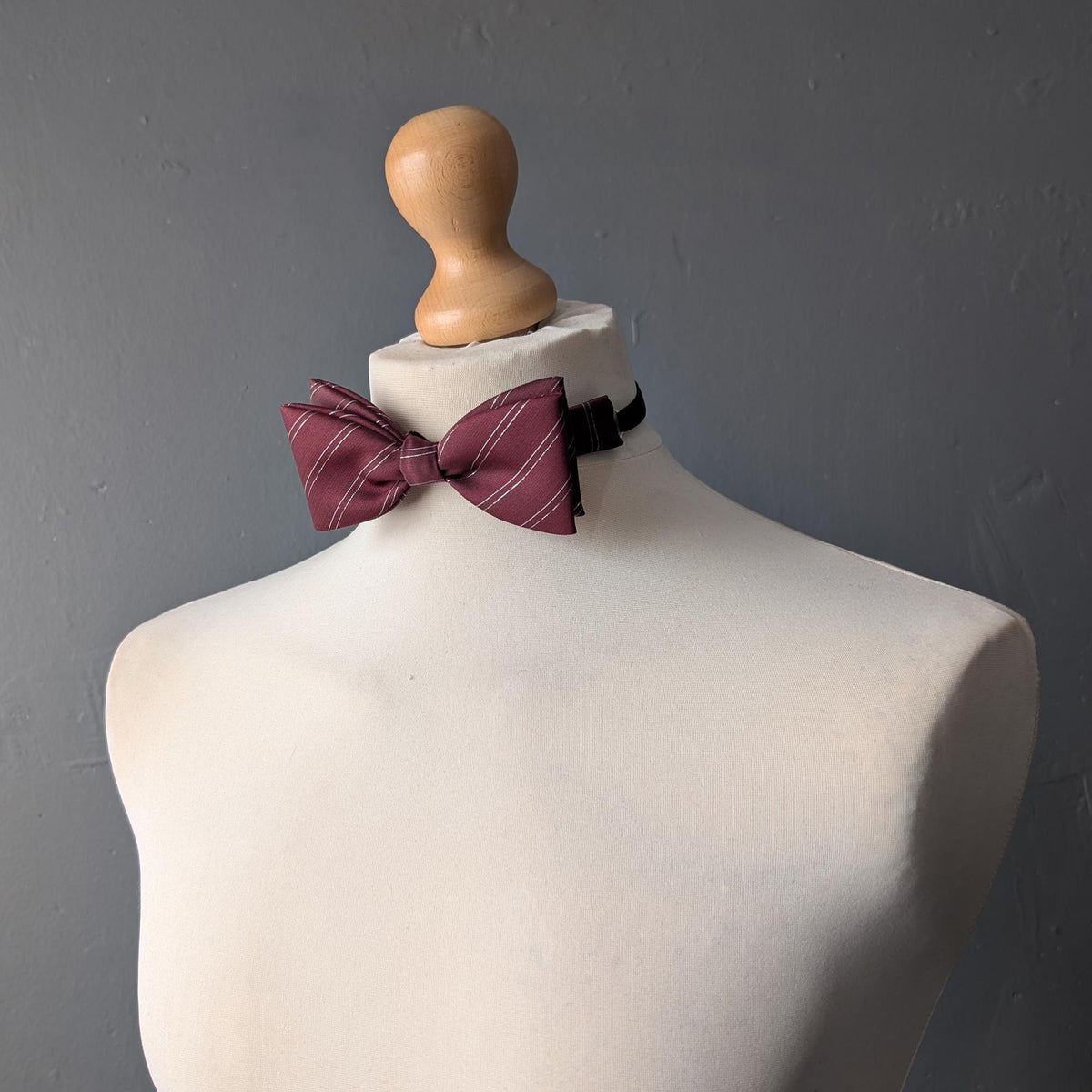 80s Adjustable Burgundy Bowtie with Metallic Silver Stripes, Pre-Tied.