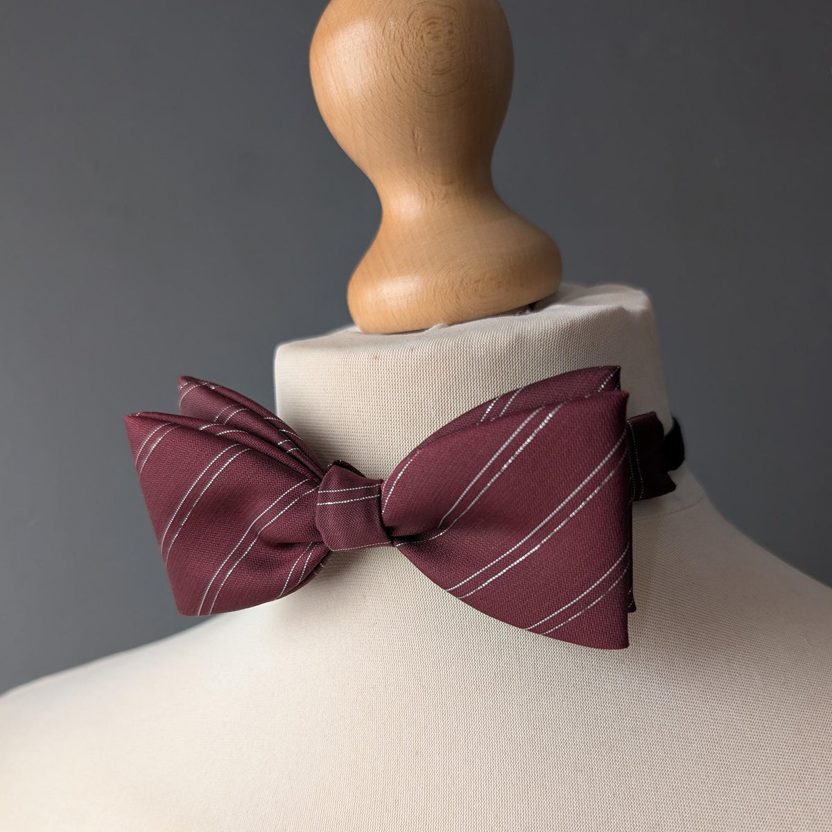 80s Adjustable Burgundy Bowtie with Metallic Silver Stripes, Pre-Tied.