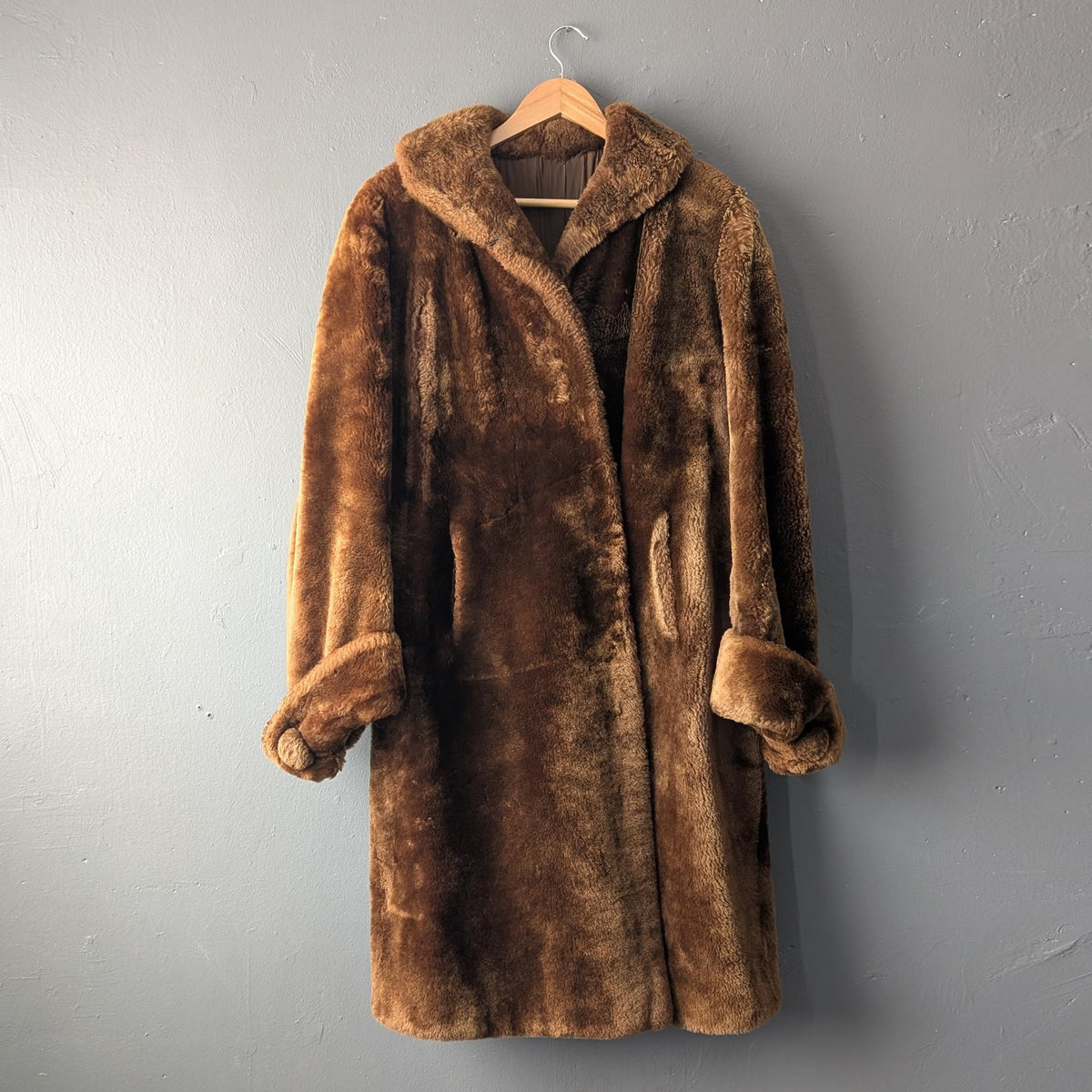 Vintage 50s Mouton Overcoat, Long Sheepskin Teddy Coat, Size Large