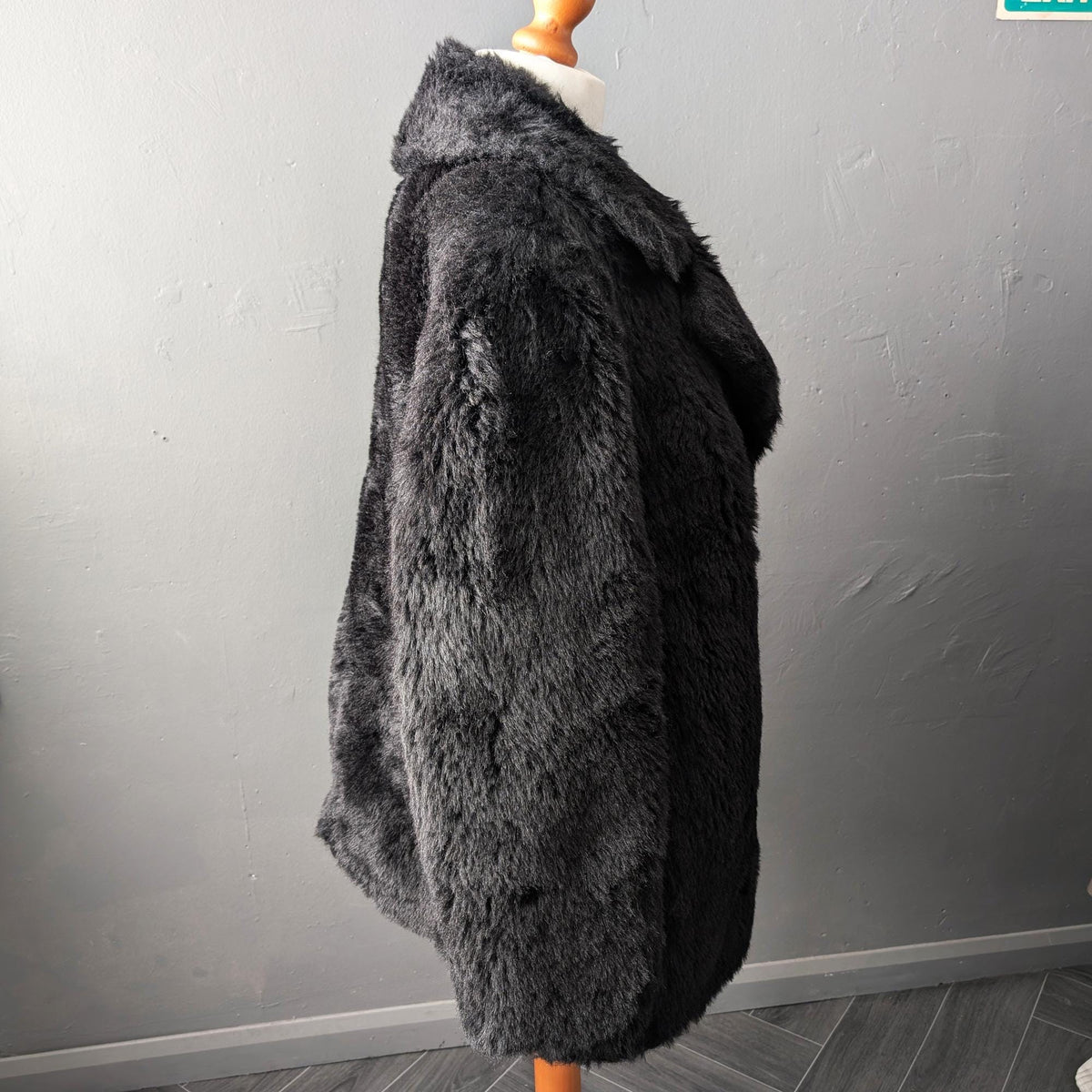 80s Black Faux Fur Coat, Vintage DDR, Plus Size