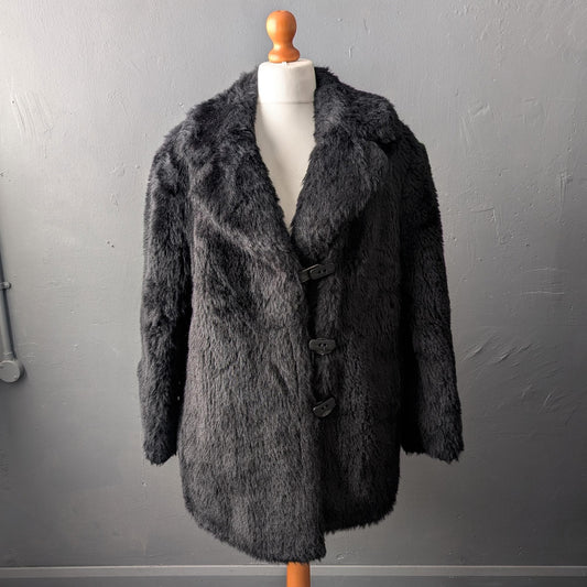 80s Black Faux Fur Coat, Vintage DDR, Plus Size