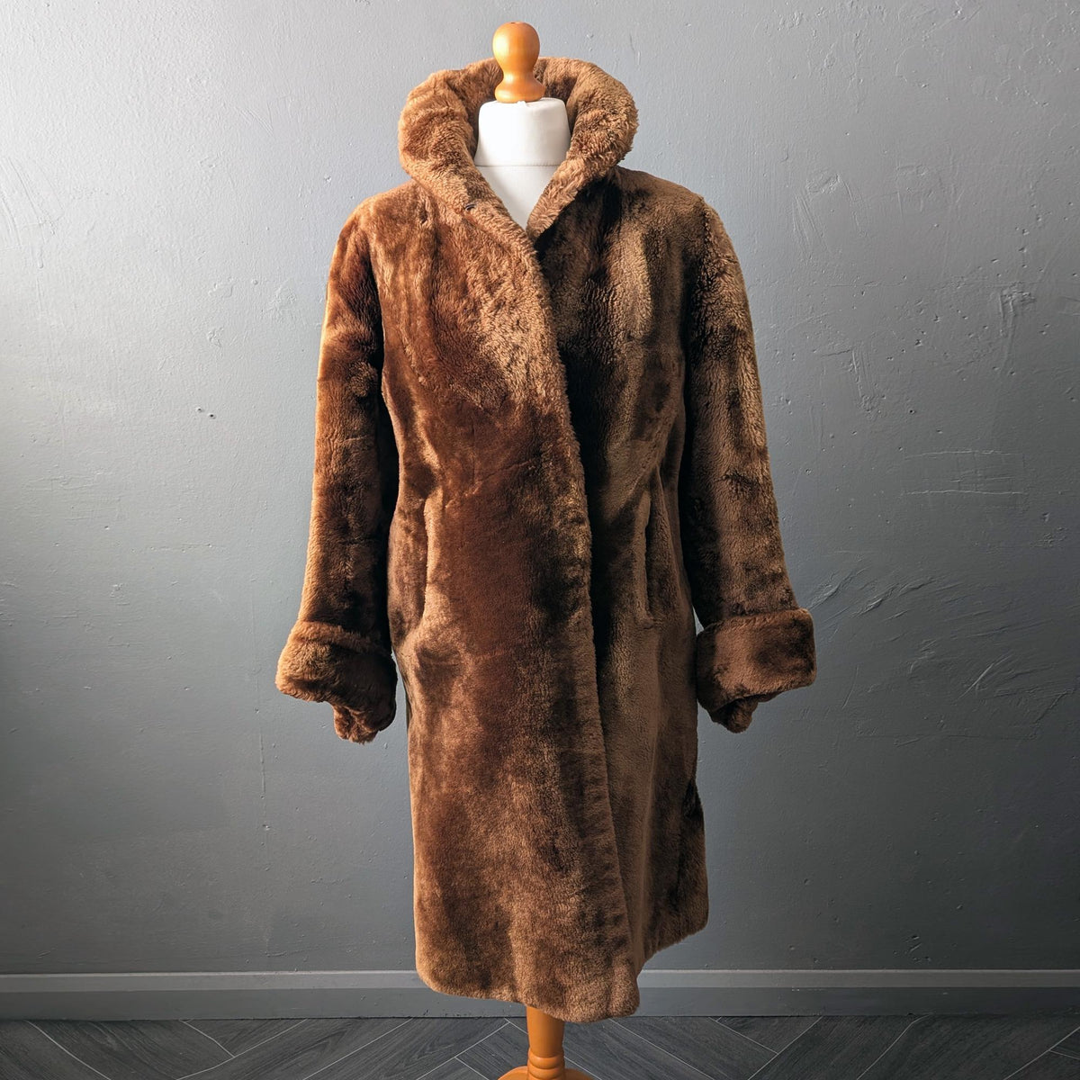 Vintage 50s Mouton Overcoat, Long Sheepskin Teddy Coat, Size Large