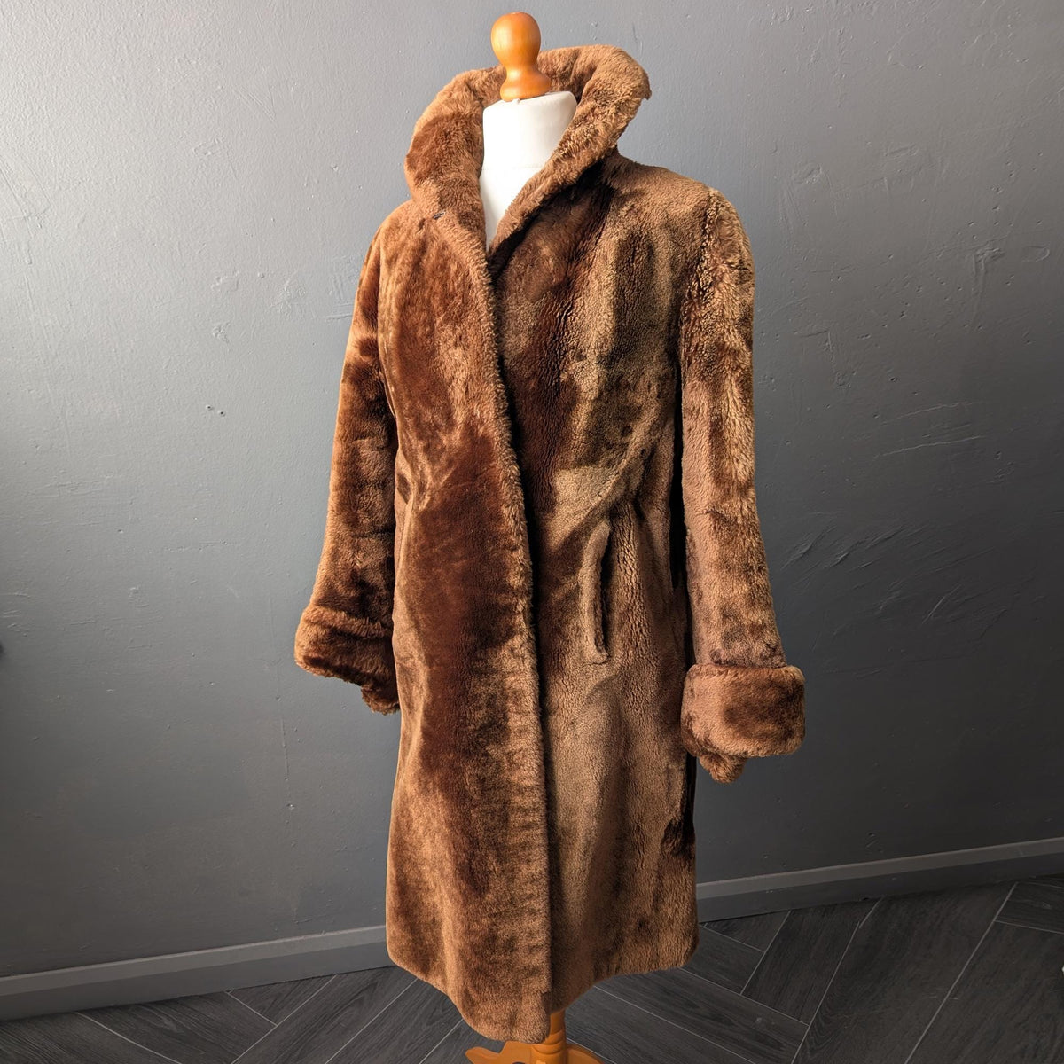 Vintage 50s Mouton Overcoat, Long Sheepskin Teddy Coat, Size Large