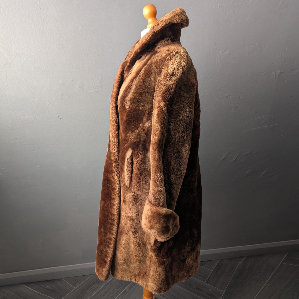 Vintage 50s Mouton Overcoat, Long Sheepskin Teddy Coat, Size Large
