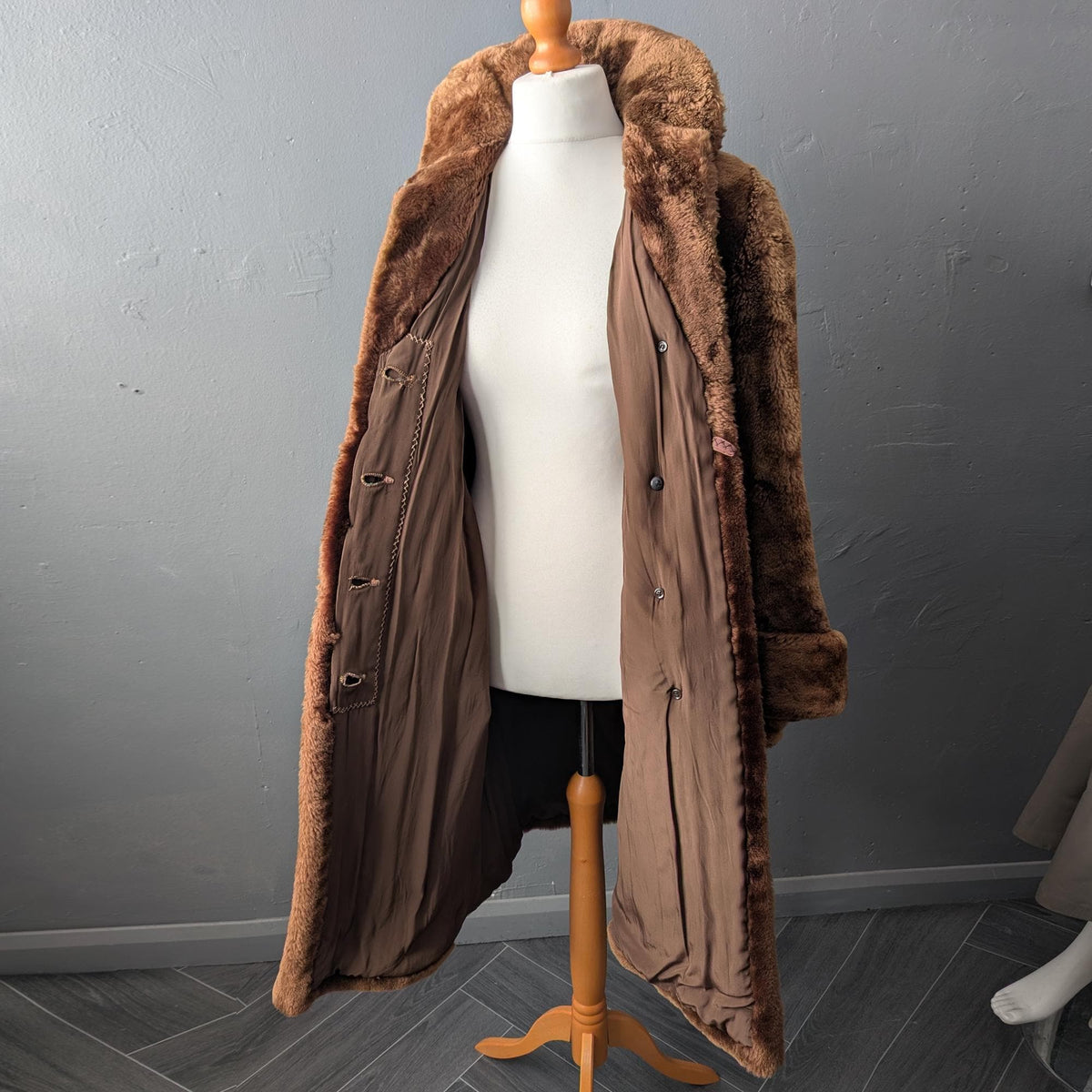 Vintage 50s Mouton Overcoat, Long Sheepskin Teddy Coat, Size Large
